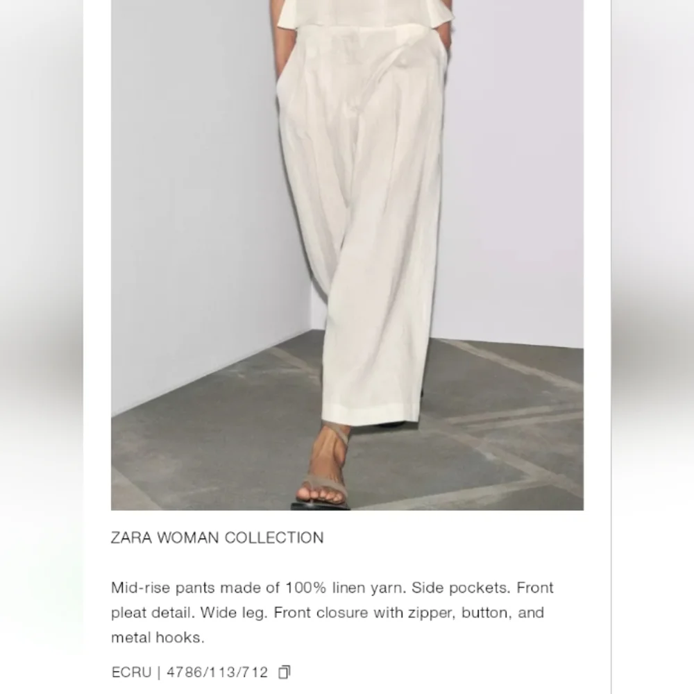 Zara Zw Collection 100% Linen Wide Leg Cream Cropped Pleated Pants Sz-L